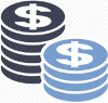 Icon - Two stacks of coins, with the larger stack in dark blue and the smaller in light blue, signifying cheaper prices