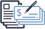 Icon - Forms and checks with pen, in dark and light blue